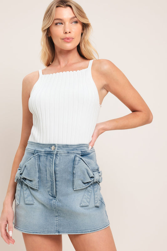 Cute Moment Denim Skort in light indigo, view 2 — Soul Flow Apparel