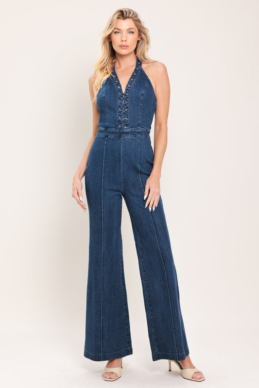 Blue Reverie Denim Jumpsuit in medium indigo, view 2 — Soul Flow Apparel