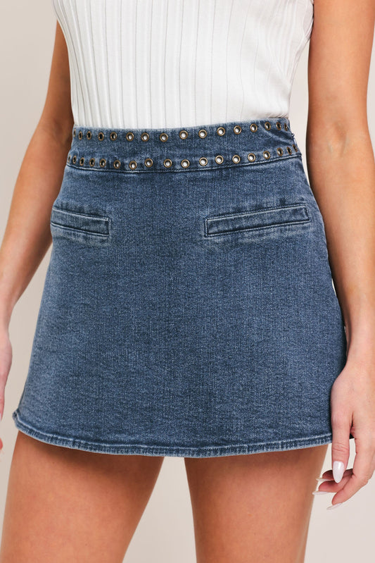 Sweet Stud Denim Skort in medium indigo, view 5 — Soul Flow Apparel
