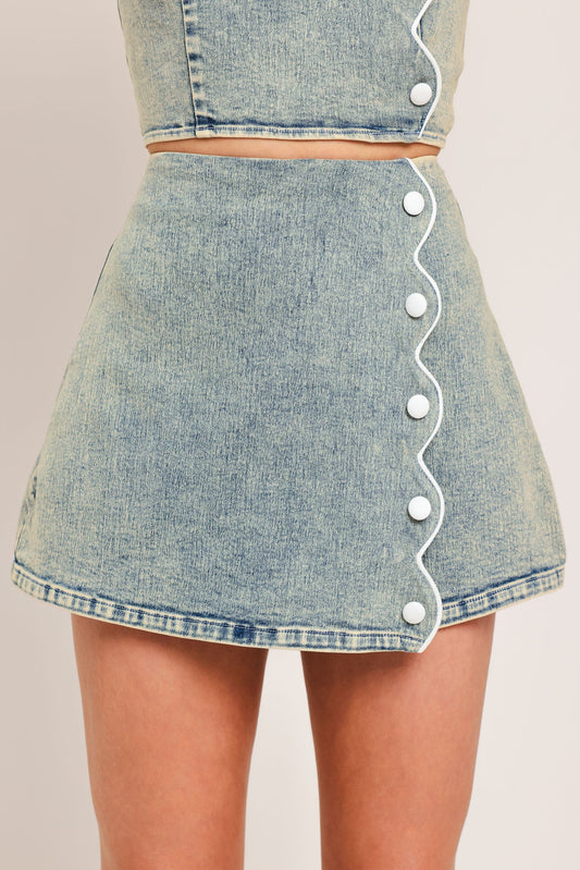 Sweet Detail Denim Skort in acid denim, view 1 — Soul Flow Apparel