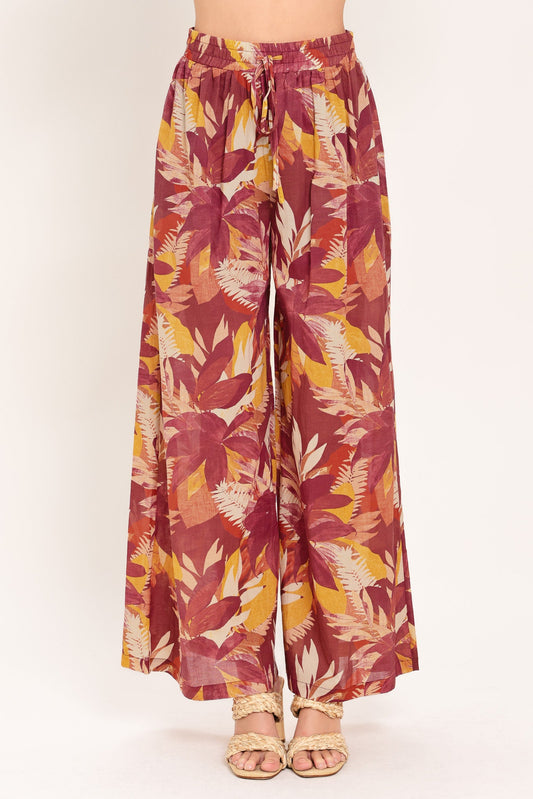 Resort Dream Palazzo Woven Wide Leg Pants in burgundy multi, view 1 — Soul Flow Apparel
