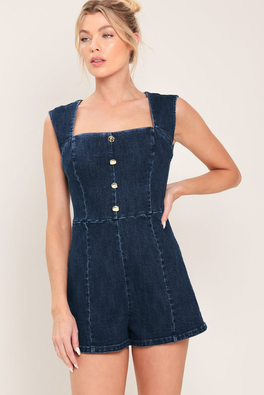 Dark Wash Icon Denim Romper in dark indigo, view 2 — Soul Flow Apparel
