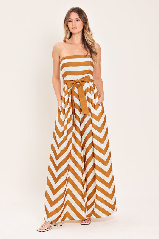 Cinnamon Coast Woven Jumpsuit in camel stripe, view 1 — Soul Flow Apparel