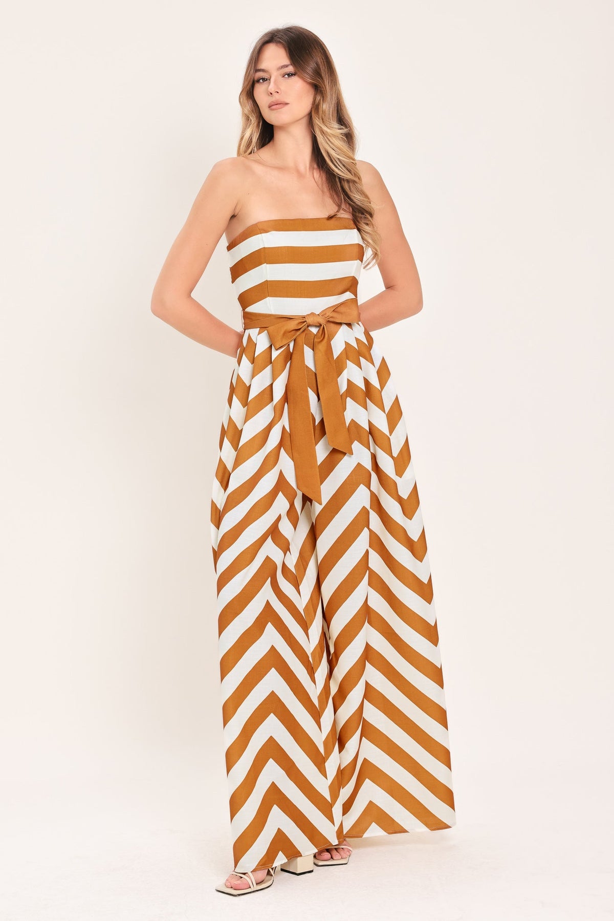 Cinnamon Coast Woven Jumpsuit in camel stripe, view 2 — Soul Flow Apparel