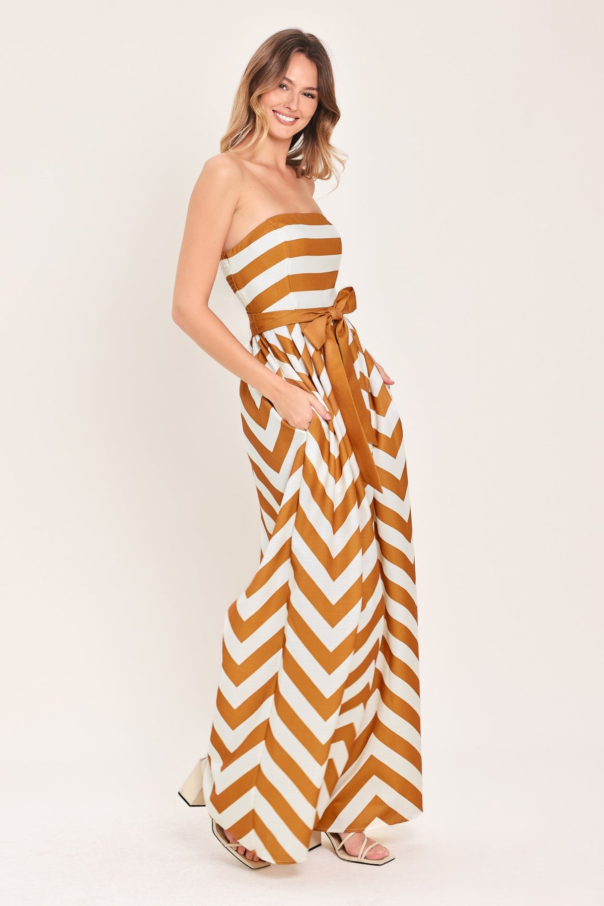 Cinnamon Coast Woven Jumpsuit in camel stripe, view 5 — Soul Flow Apparel
