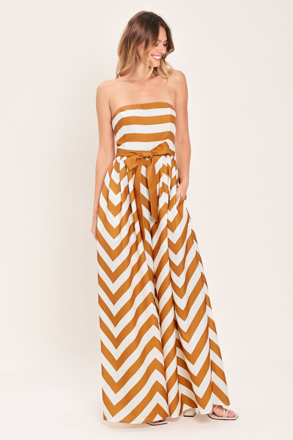 Cinnamon Coast Woven Jumpsuit in camel stripe, view 6 — Soul Flow Apparel
