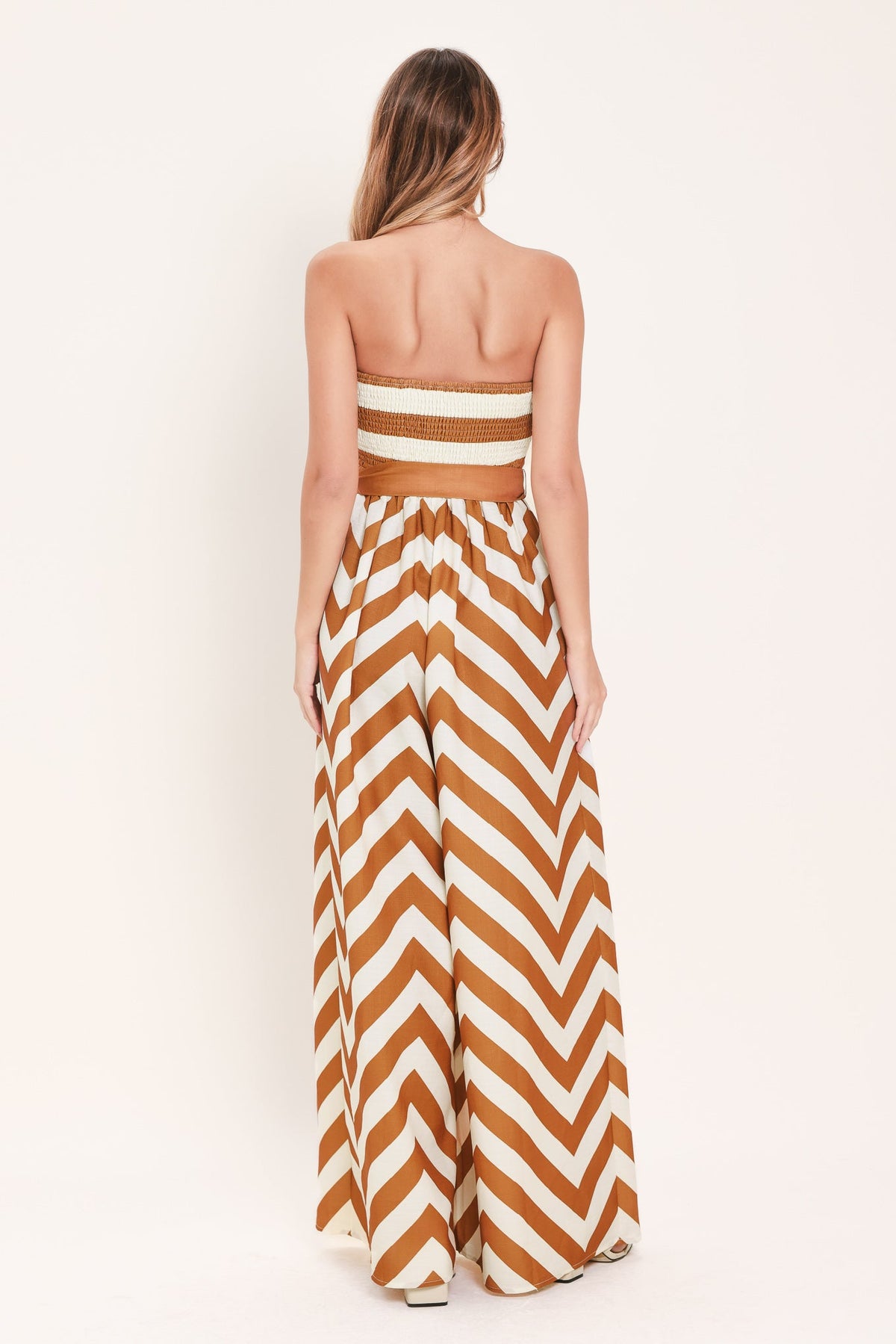 Cinnamon Coast Woven Jumpsuit in camel stripe, view 7 — Soul Flow Apparel