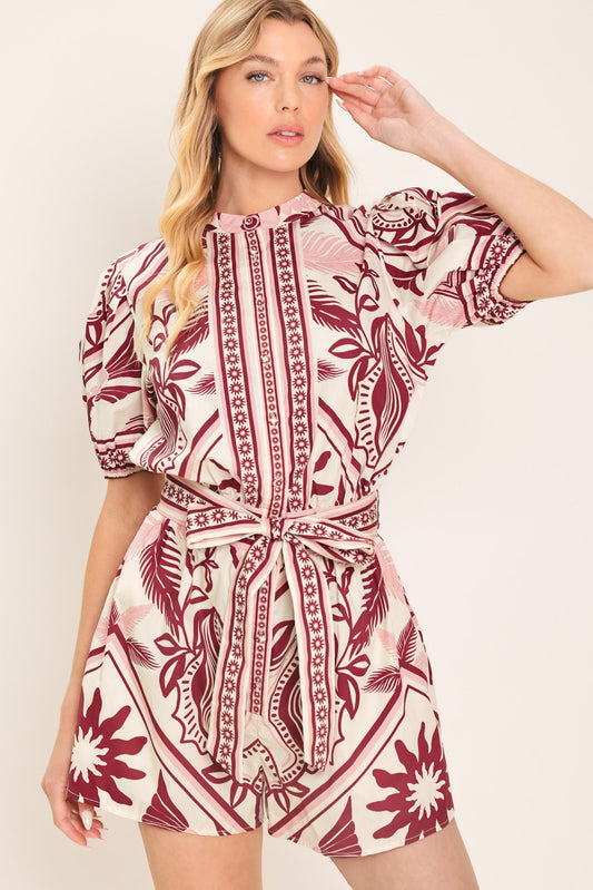 Provence Weeken Woven Romper in burgundy, view 2 — Soul Flow Apparel