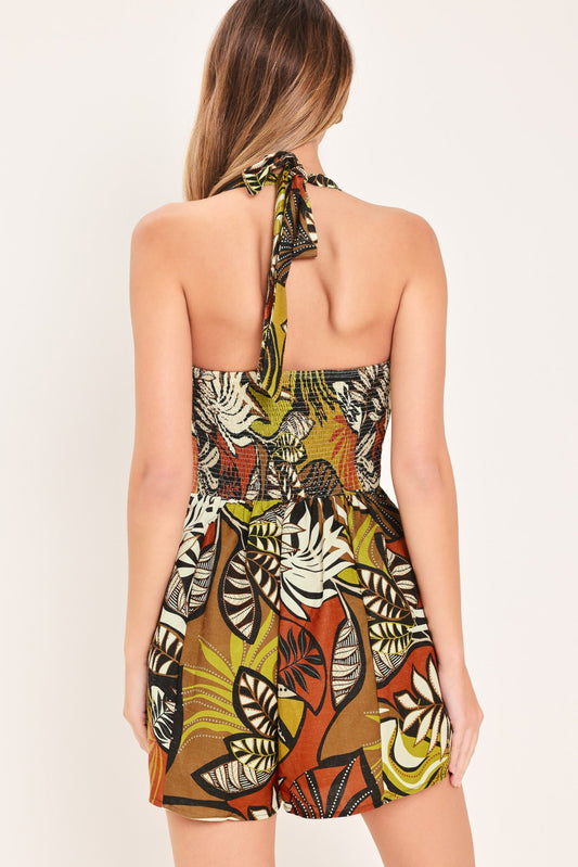 Palm Market Woven Romper in brown multi, view 6 — Soul Flow Apparel