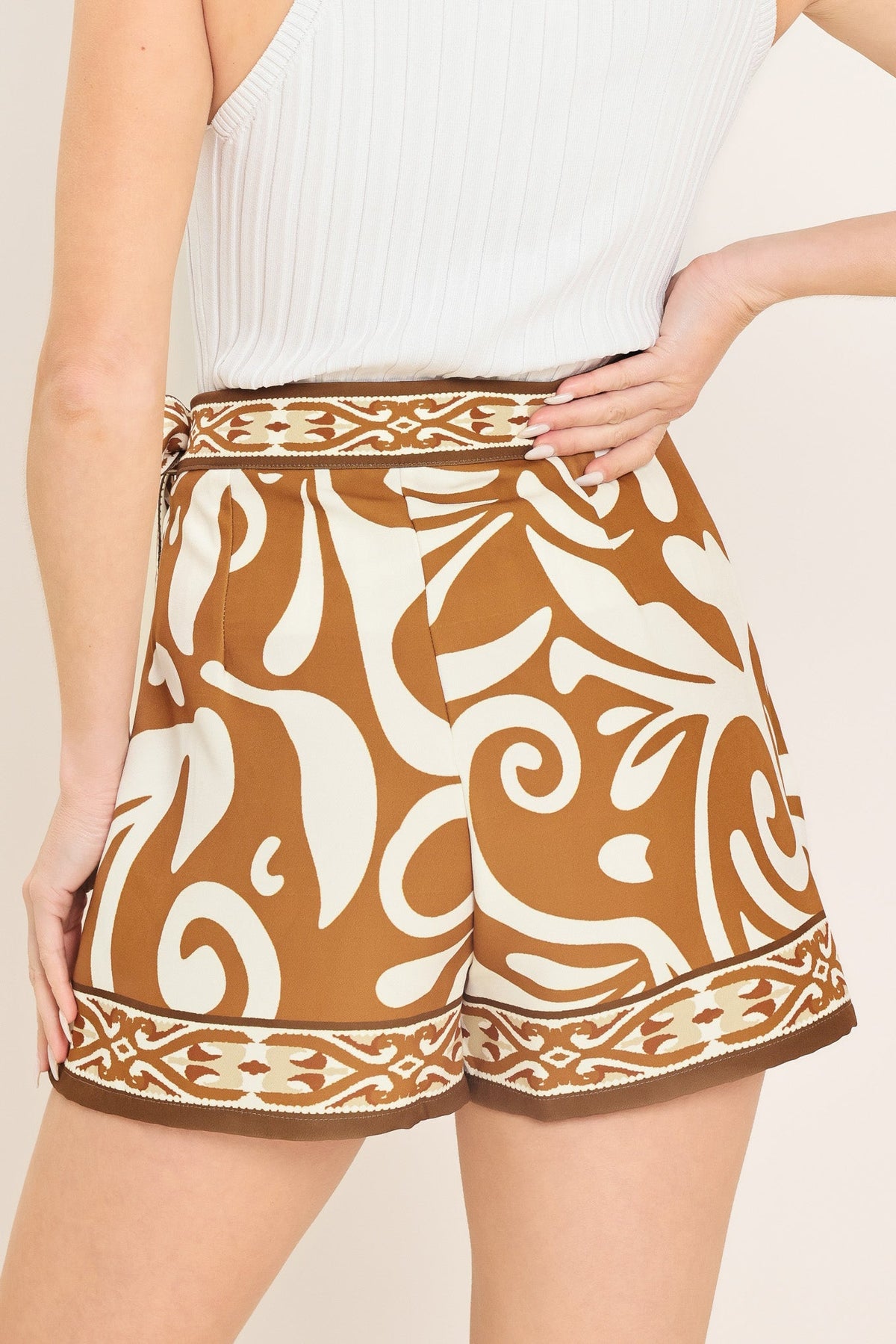 Amalfi Coast Woven Skort in camel, view 4 — Soul Flow Apparel