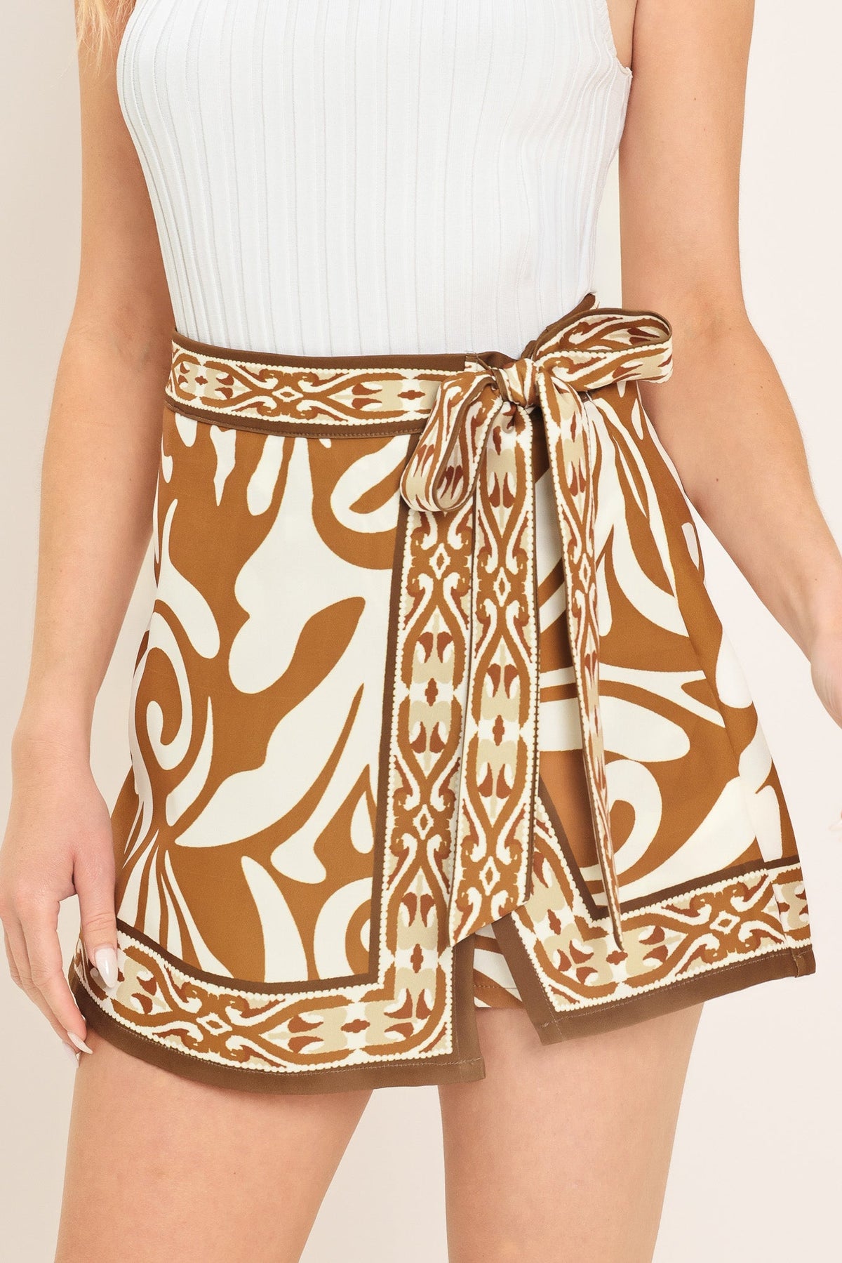 Amalfi Coast Woven Skort in camel, view 7 — Soul Flow Apparel