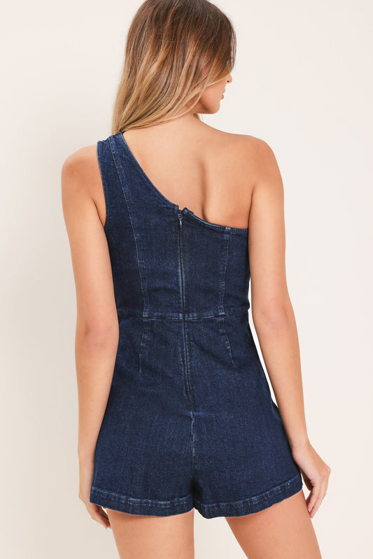Downtown Darling Denim Skort Romper in dark indigo, view 7 — Soul Flow Apparel