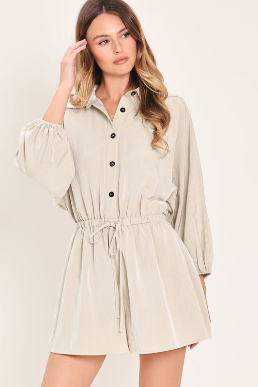 Resort Ready Woven Romper in stone, view 2 — Soul Flow Apparel