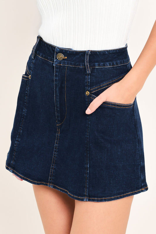 Everyday Indigo Denim Skort in dark indigo, view 4 — Soul Flow Apparel