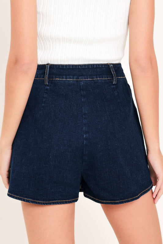 Everyday Indigo Denim Skort in dark indigo, view 6 — Soul Flow Apparel