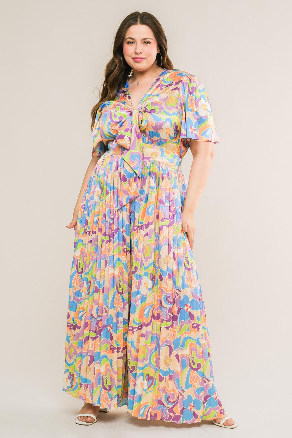 Secret Place Woven Jumpsuit with Shirt Collar V Neck and Pleated Wide Leg Pants in purplelime, view 1 — Soul Flow Apparel