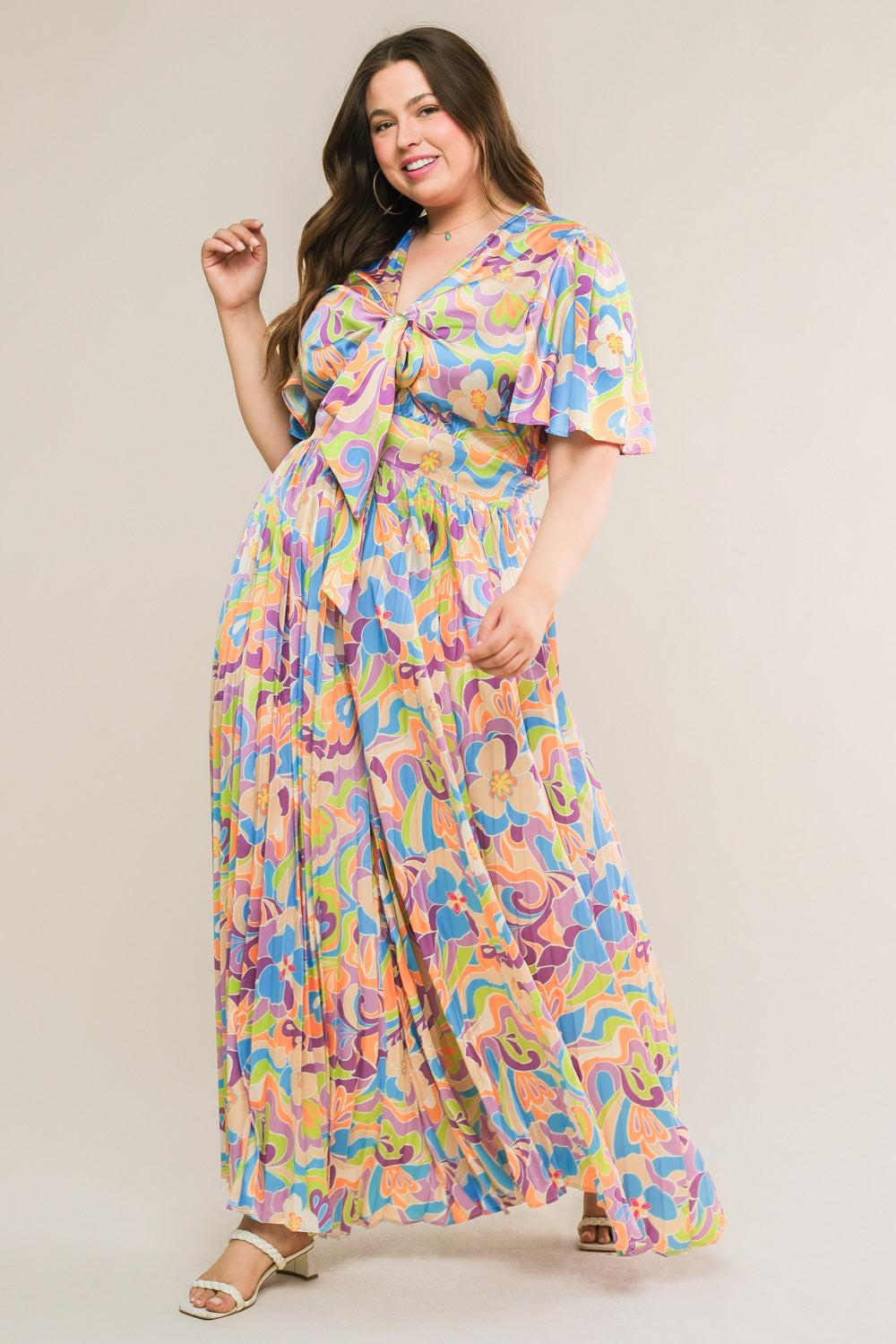 Secret Place Woven Jumpsuit with Shirt Collar V Neck and Pleated Wide Leg Pants in purplelime, view 3 — Soul Flow Apparel