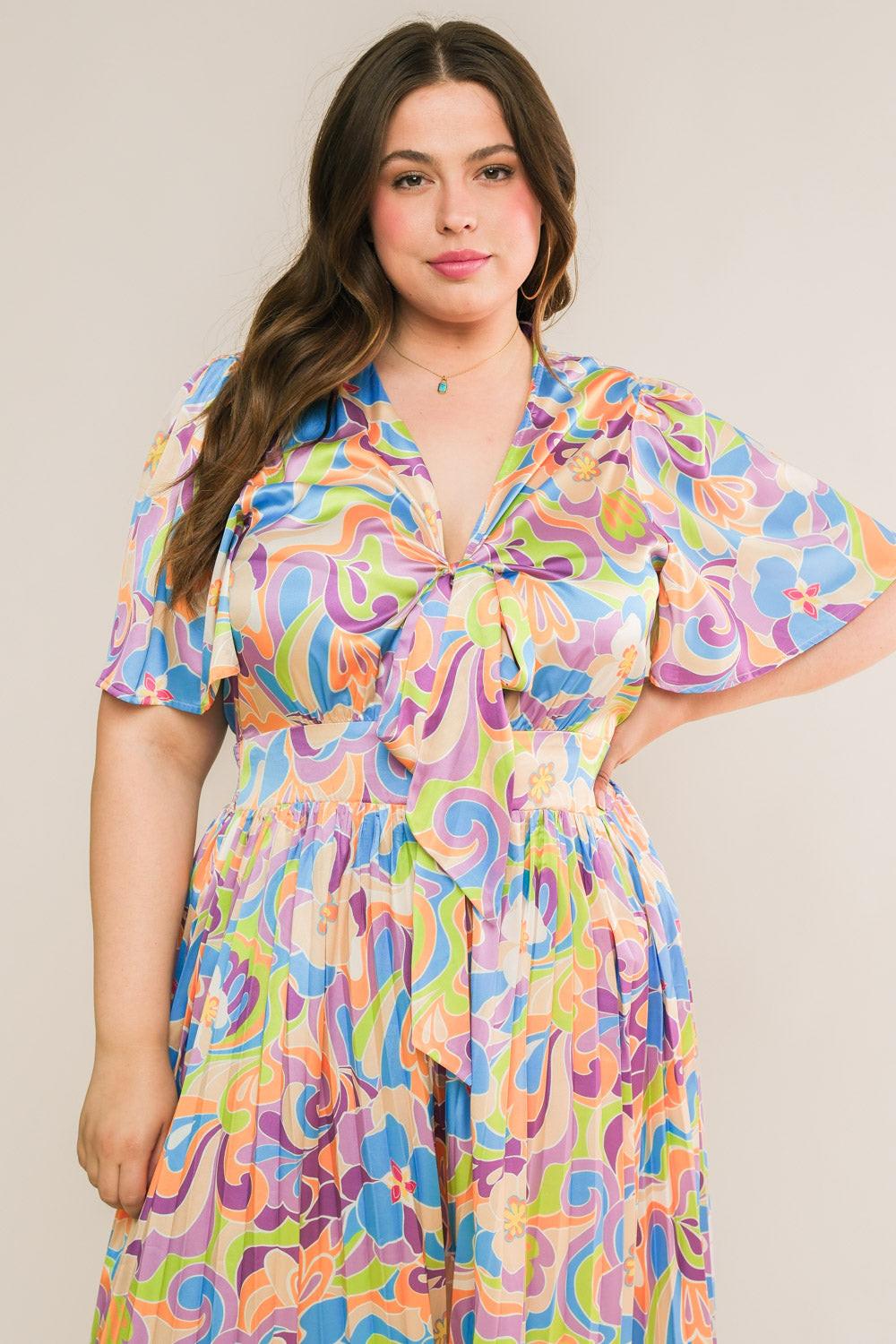 Secret Place Woven Jumpsuit with Shirt Collar V Neck and Pleated Wide Leg Pants in purplelime, view 4 — Soul Flow Apparel