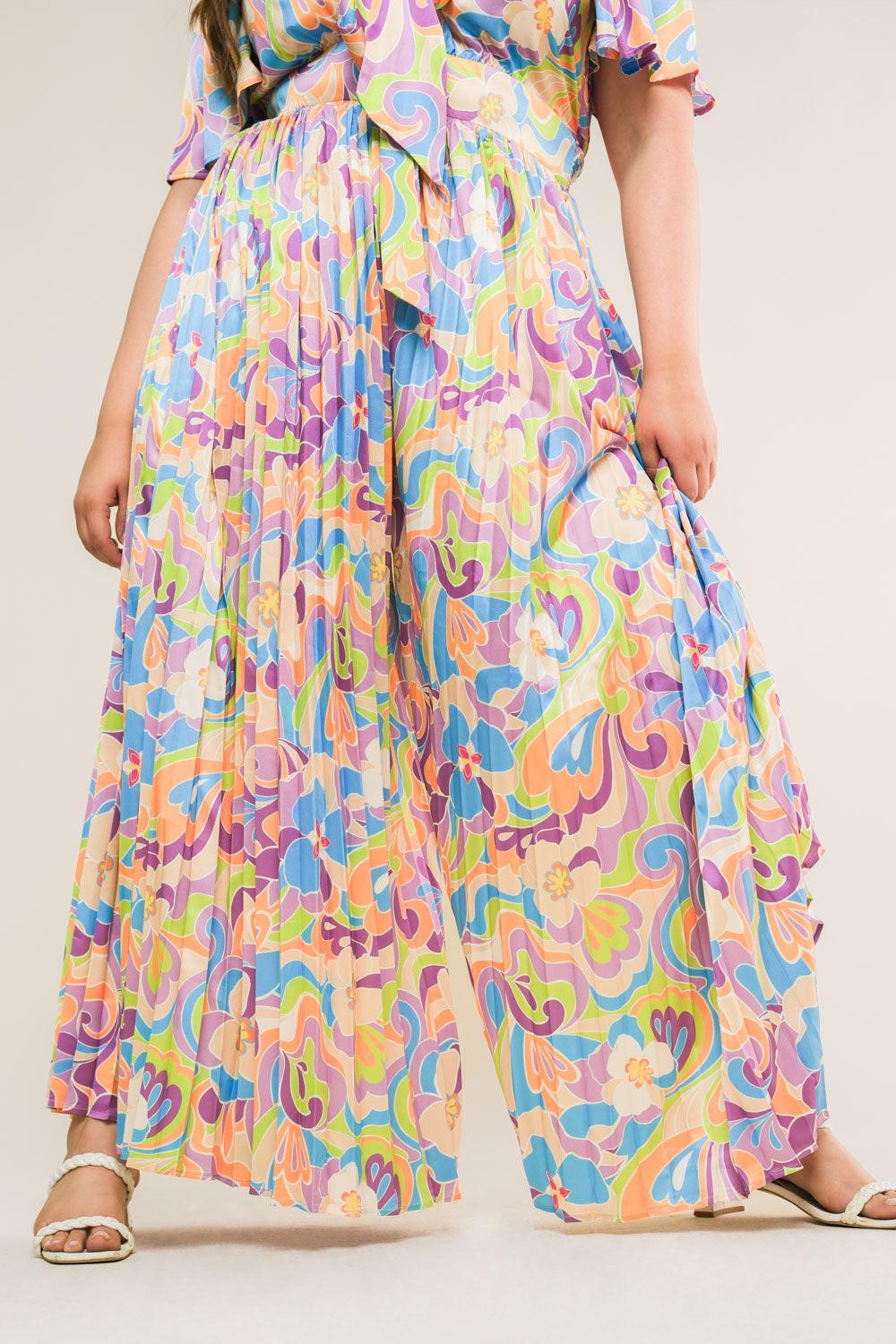 Secret Place Woven Jumpsuit with Shirt Collar V Neck and Pleated Wide Leg Pants in purplelime, view 5 — Soul Flow Apparel