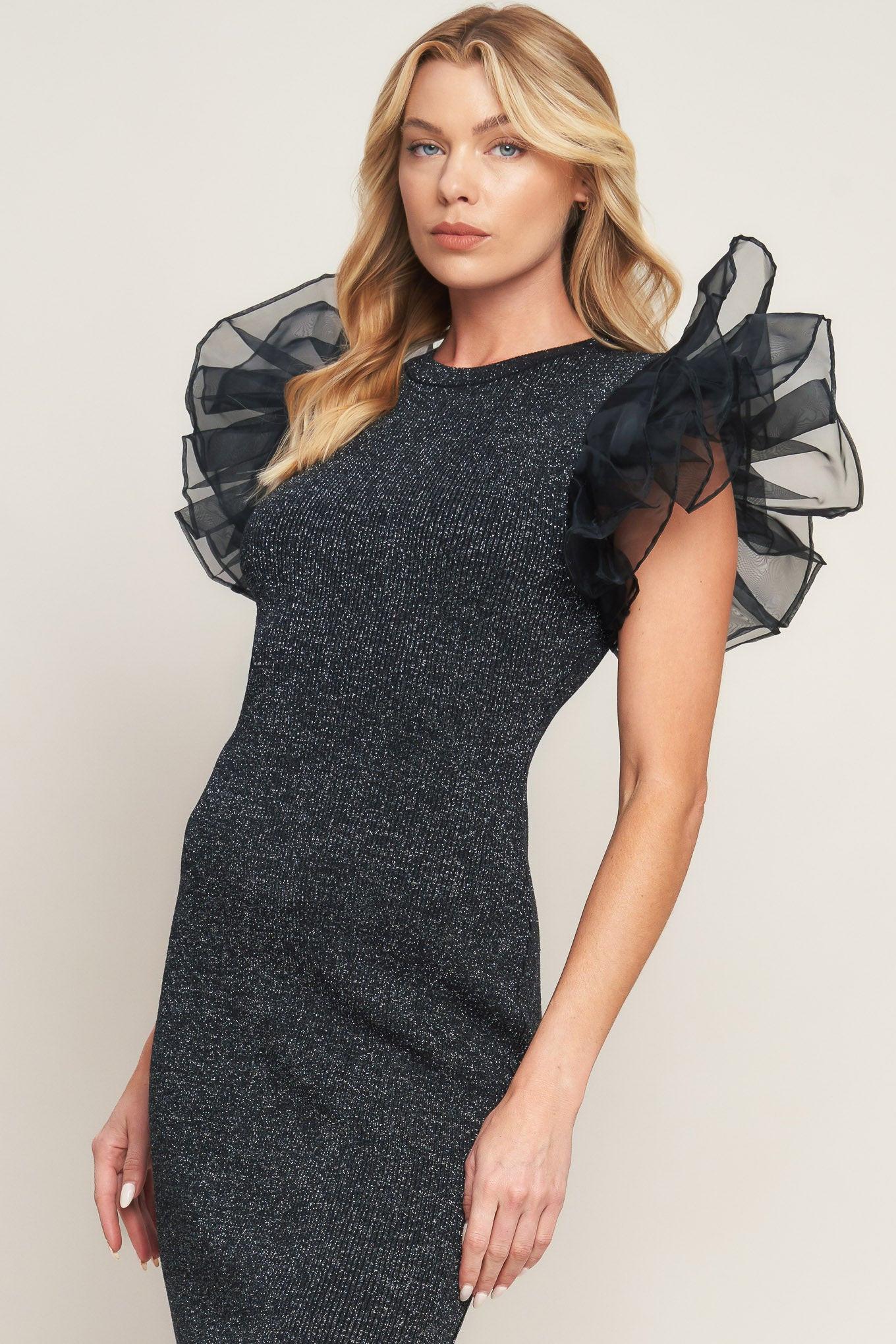 Voluminous Power Metallic Midi Dress in black, view 3 — Soul Flow Apparel