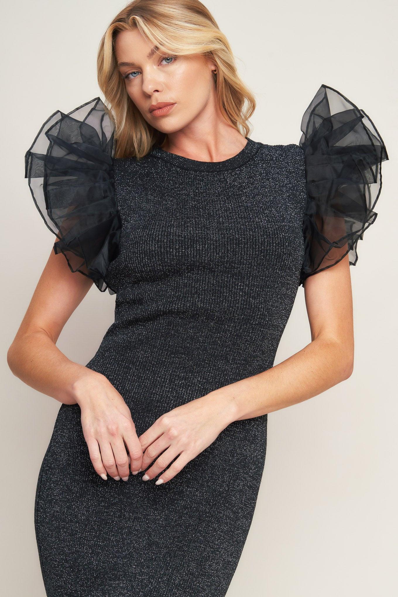 Voluminous Power Metallic Midi Dress in black, view 6 — Soul Flow Apparel