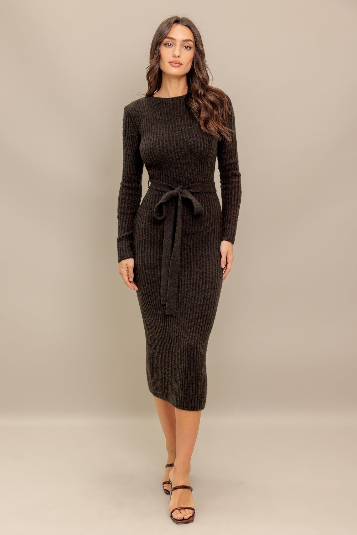 Be Good to Me Sweater Midi Dress in brown, view 1 — Soul Flow Apparel