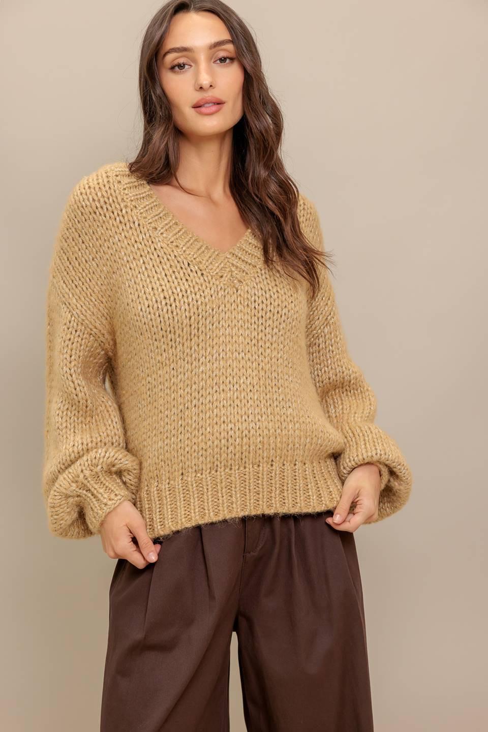 Earthy Touch Sweater Knit Top in camel gold, view 3 — Soul Flow Apparel