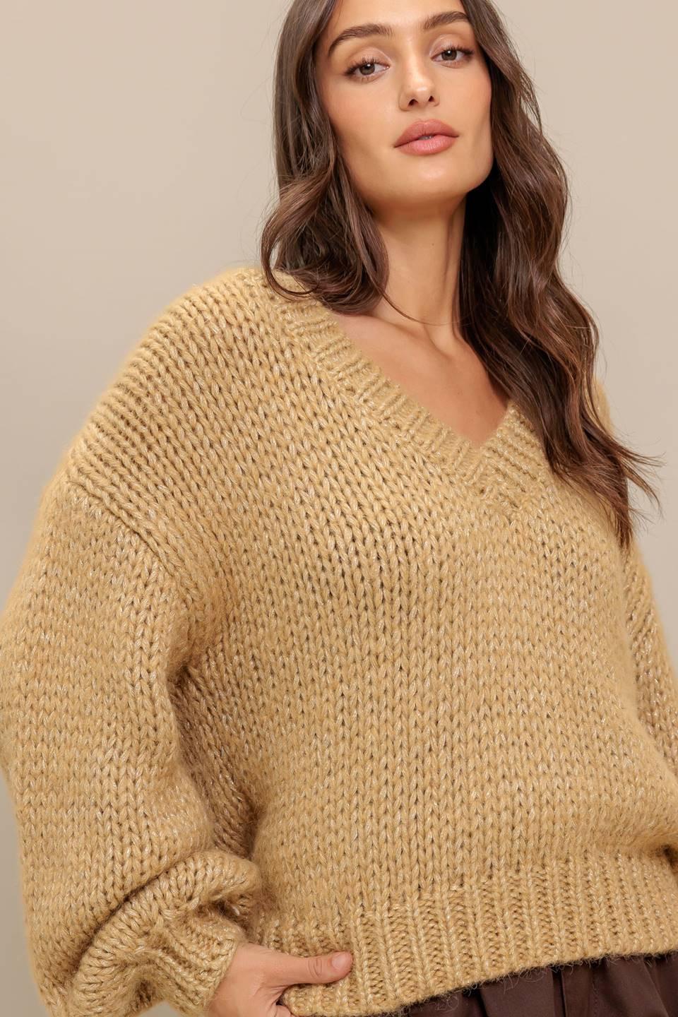 Earthy Touch Sweater Knit Top in camel gold, view 4 — Soul Flow Apparel