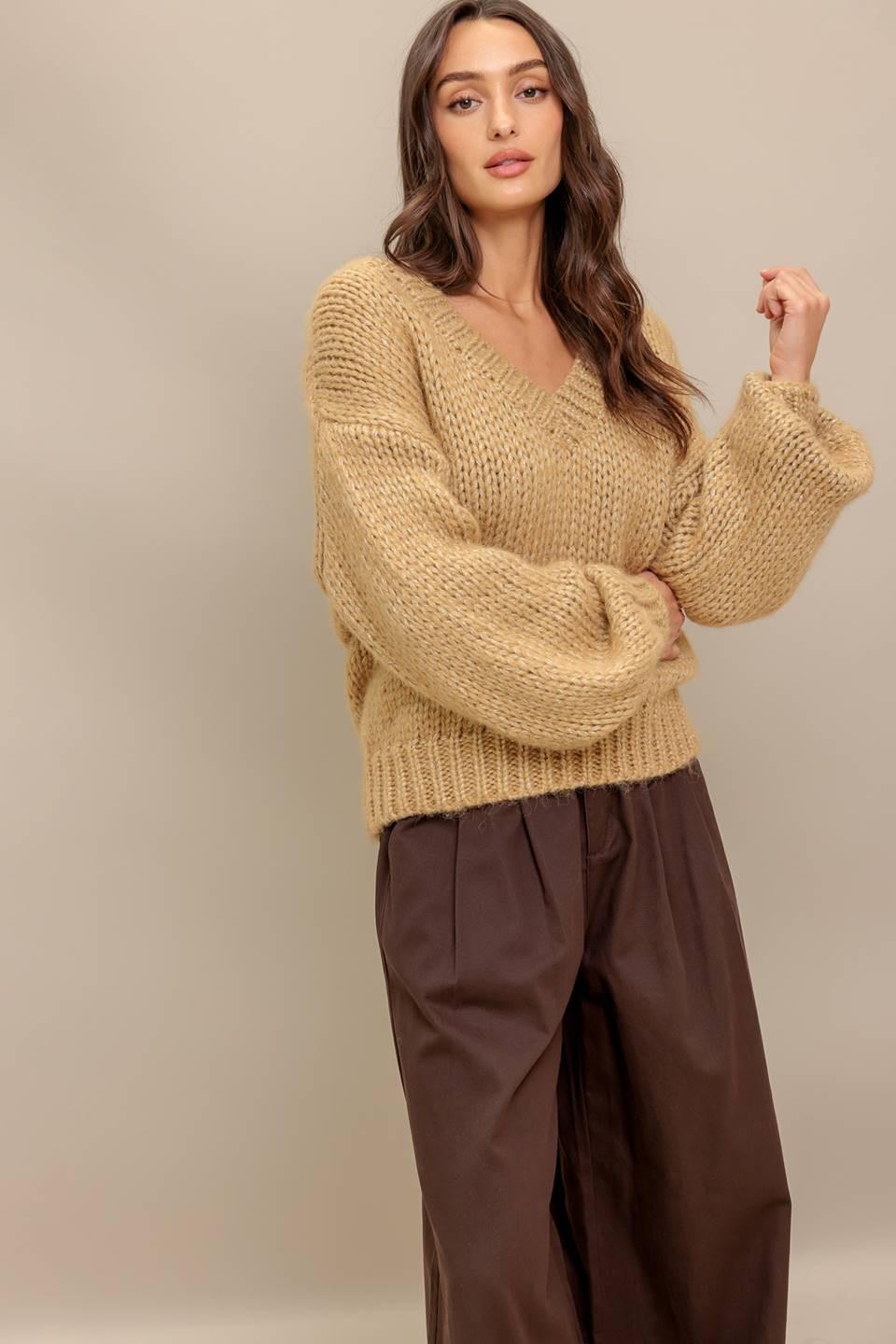 Earthy Touch Sweater Knit Top in camel gold, view 5 — Soul Flow Apparel