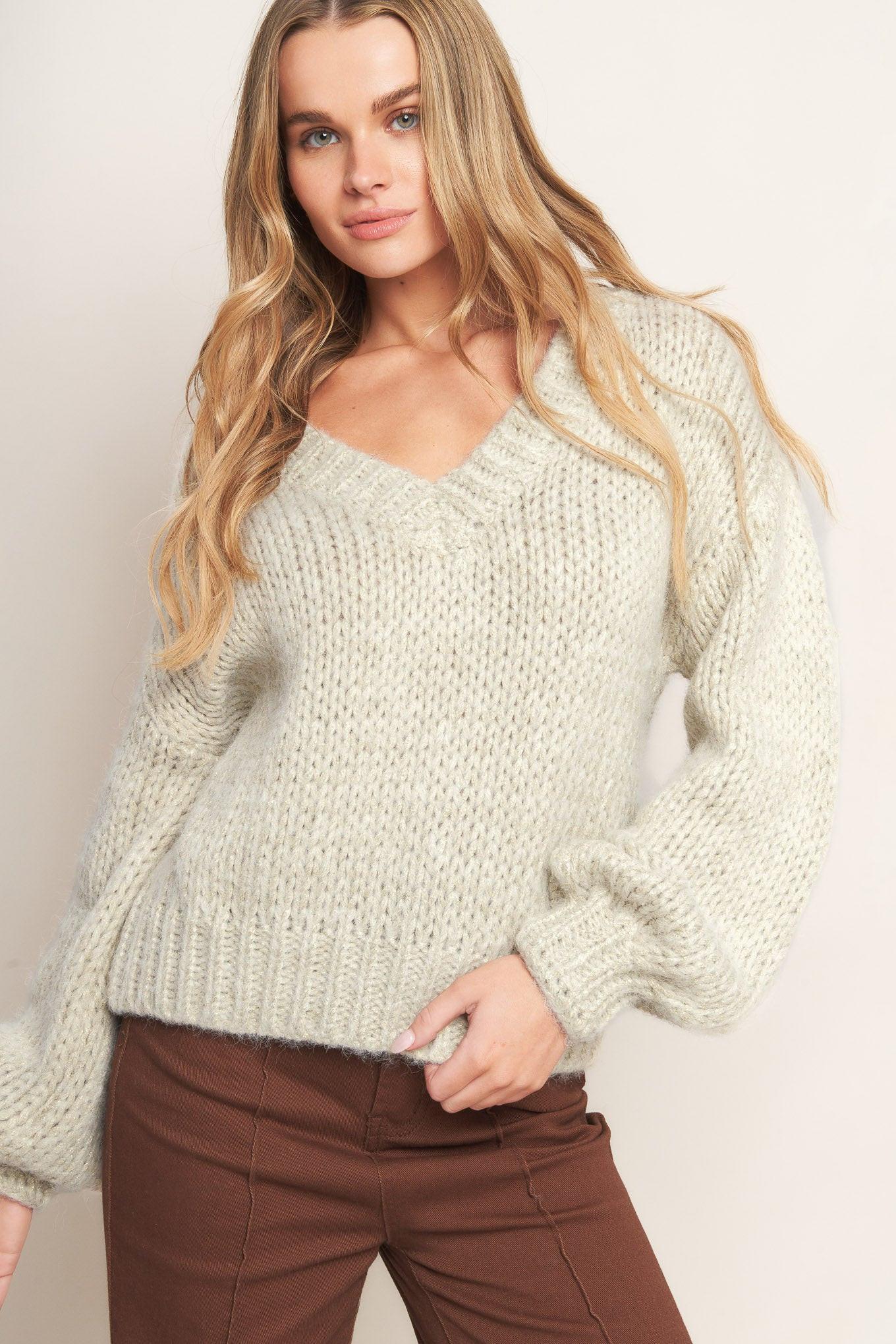 Earthy Touch Sweater Knit Top in cream gold, view 7 — Soul Flow Apparel