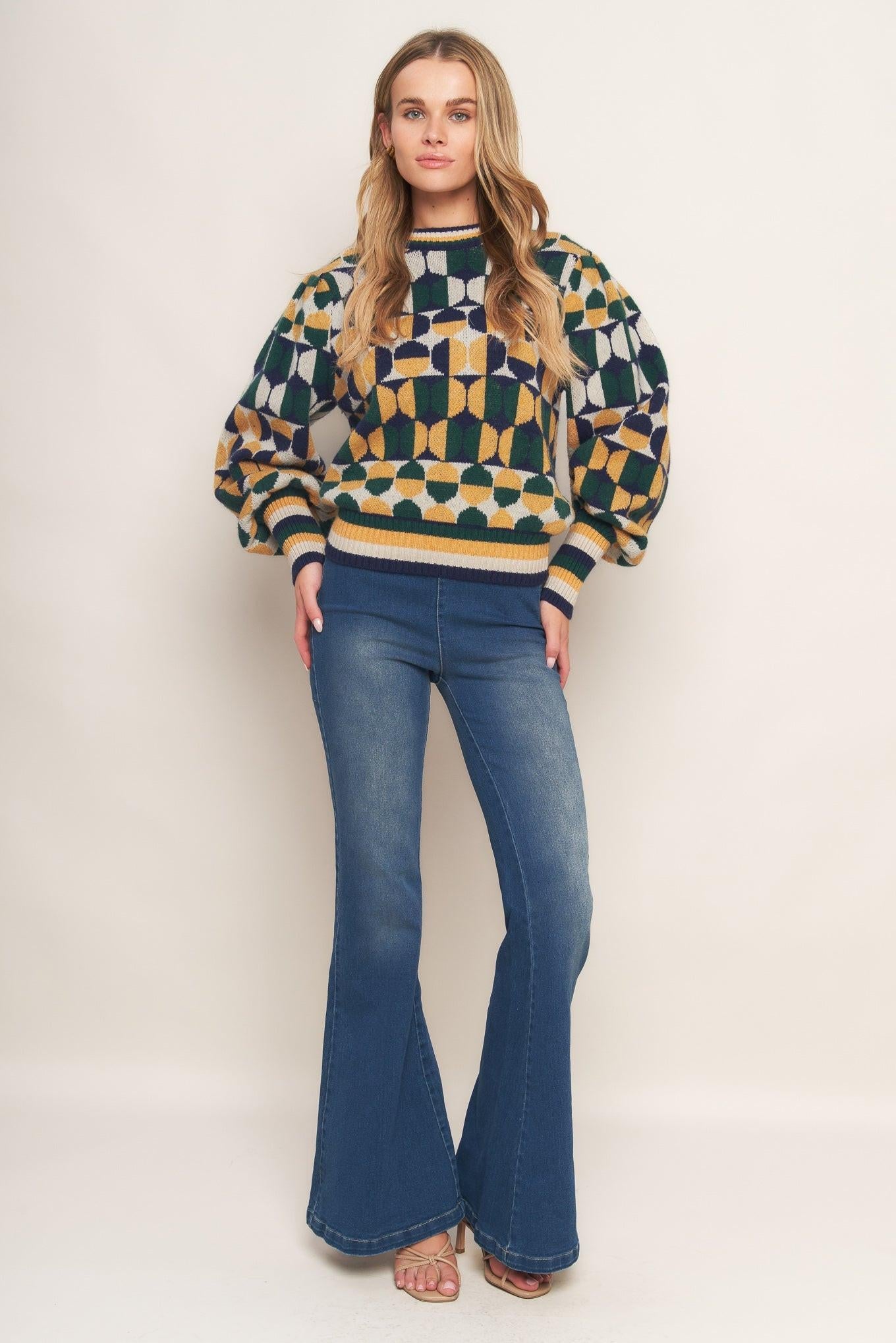 Cheer You on Jacquard Sweater Top in green navy, view 1 — Soul Flow Apparel