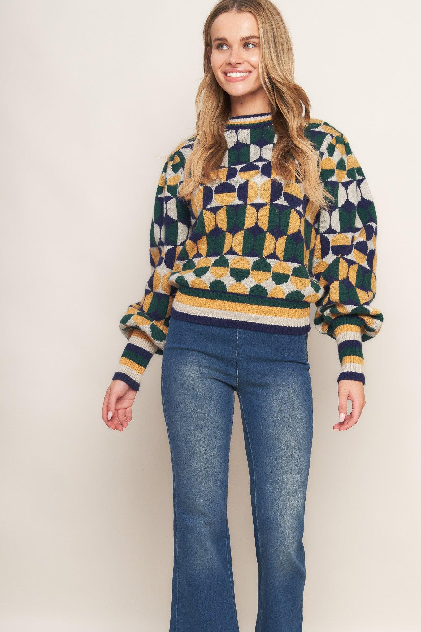Cheer You on Jacquard Sweater Top in green navy, view 2 — Soul Flow Apparel