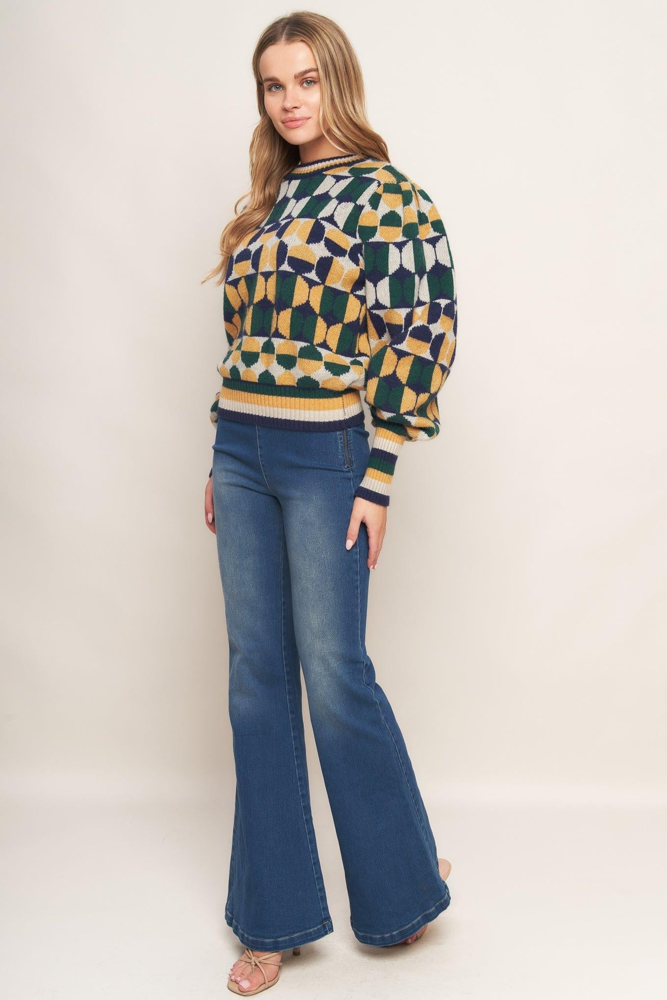 Cheer You on Jacquard Sweater Top in green navy, view 3 — Soul Flow Apparel