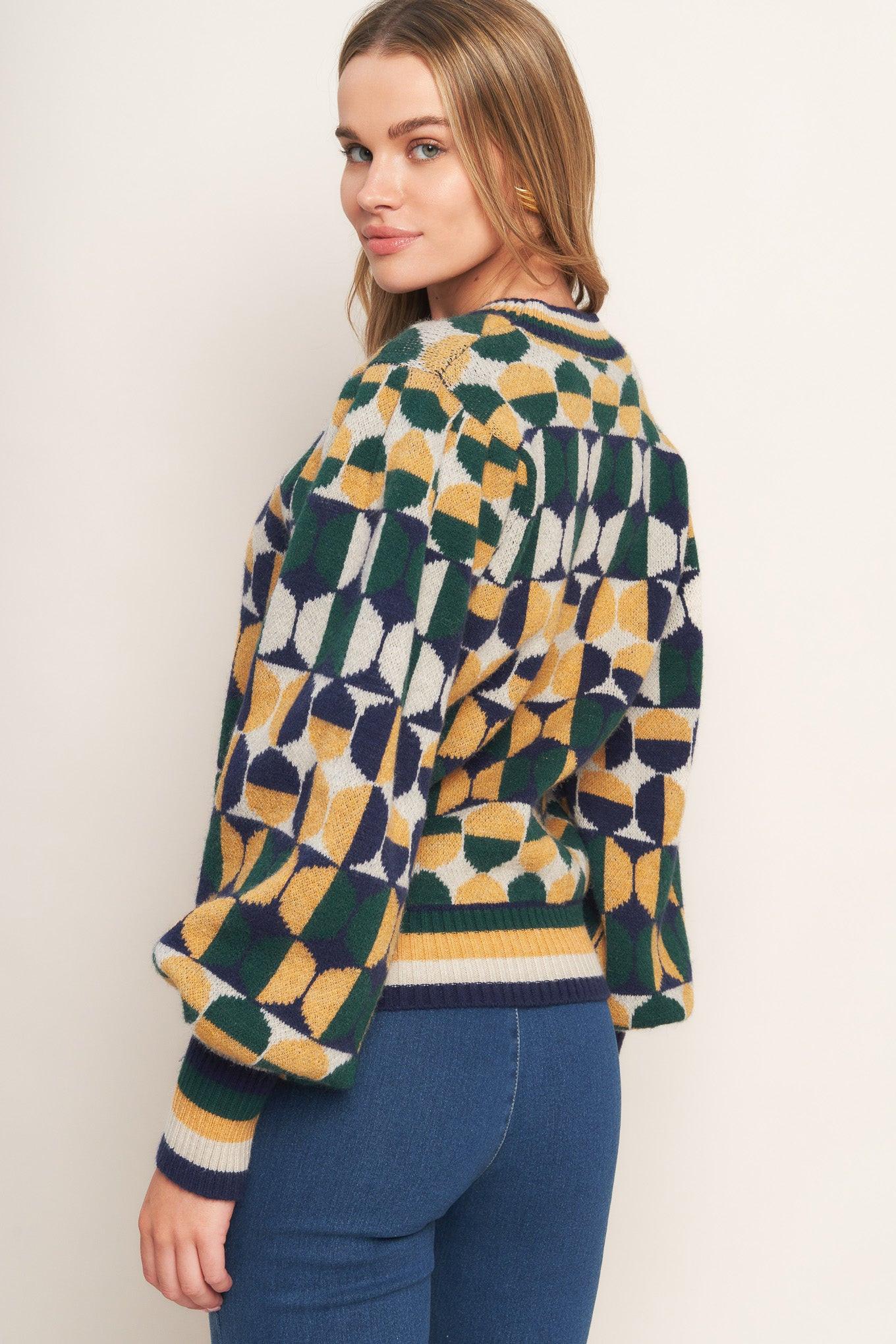 Cheer You on Jacquard Sweater Top in green navy, view 4 — Soul Flow Apparel