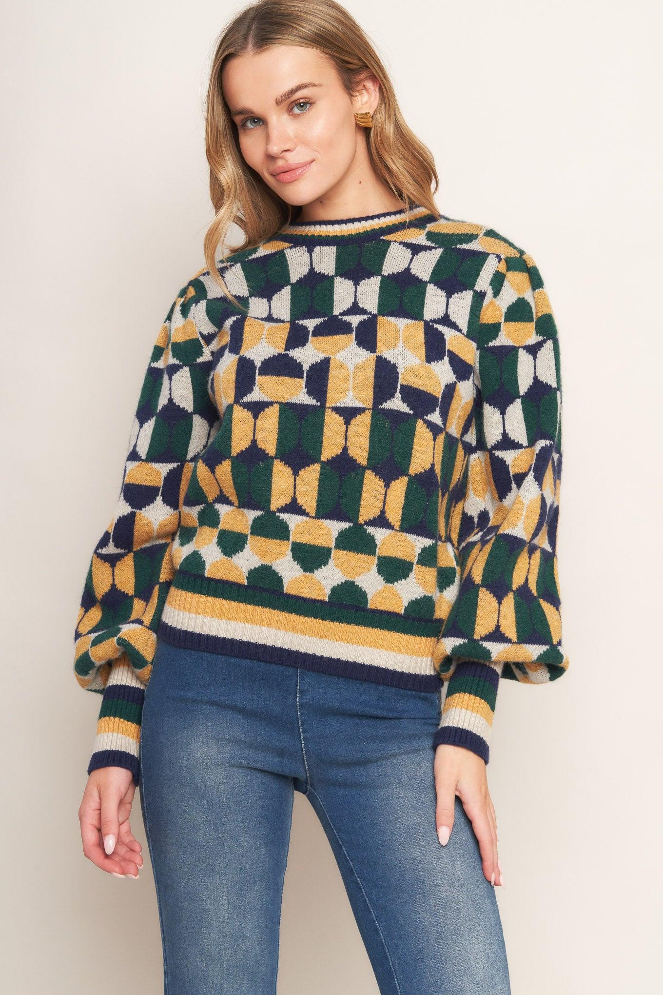 Cheer You on Jacquard Sweater Top in green navy, view 5 — Soul Flow Apparel