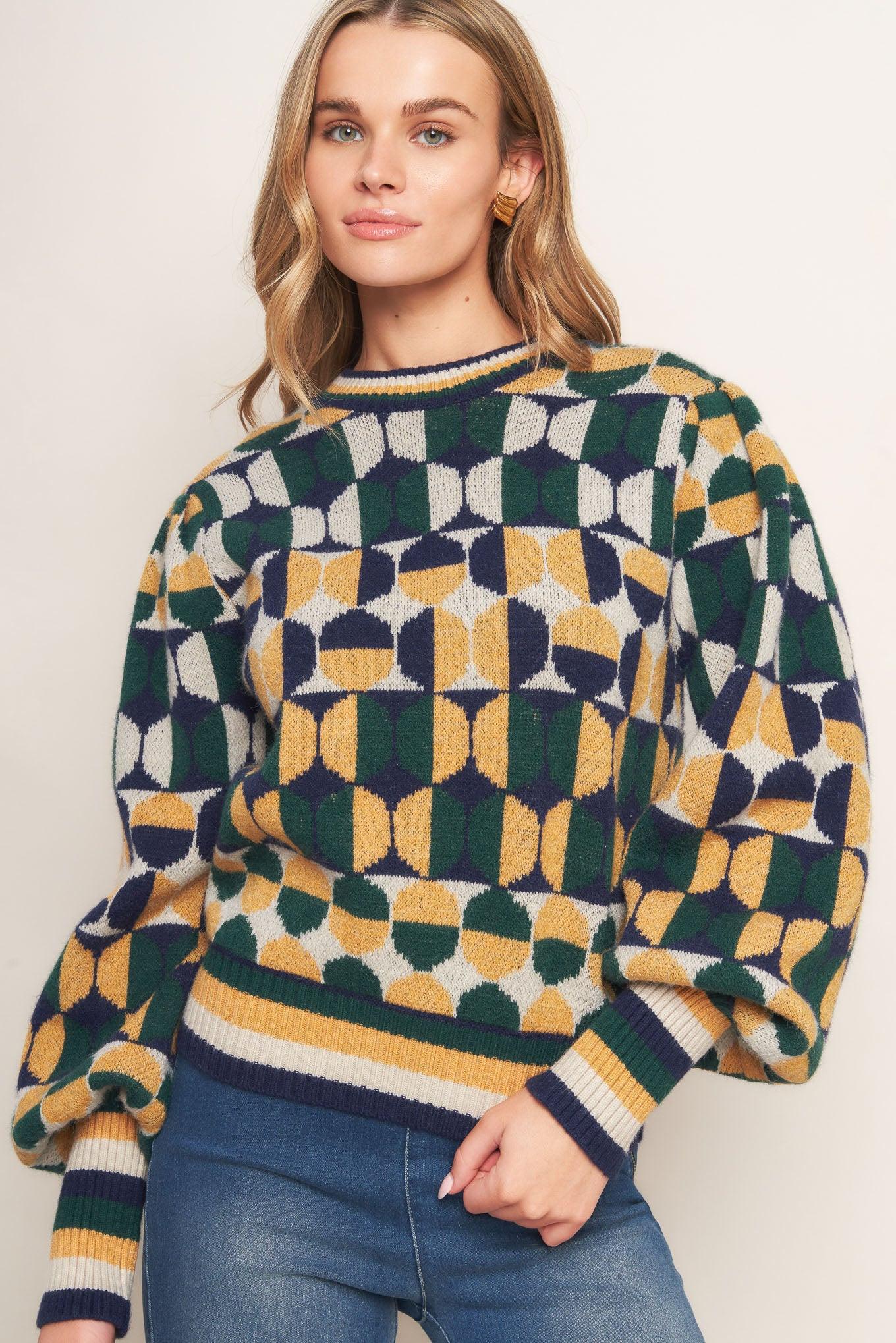 Cheer You on Jacquard Sweater Top in green navy, view 6 — Soul Flow Apparel