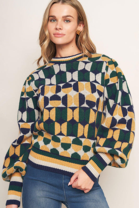Cheer You on Jacquard Sweater Top in green navy, view 6 — Soul Flow Apparel