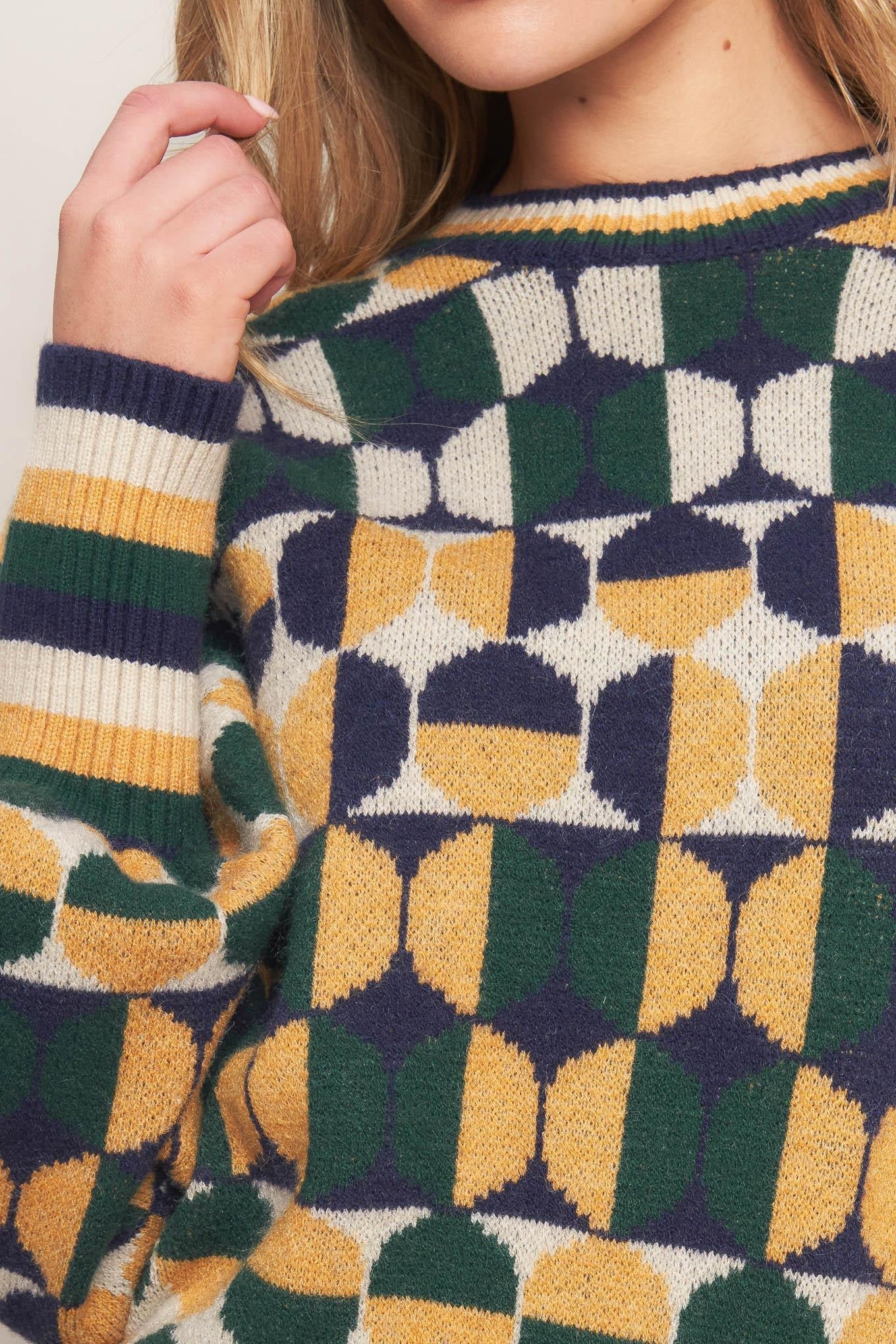 Cheer You on Jacquard Sweater Top in green navy, view 7 — Soul Flow Apparel