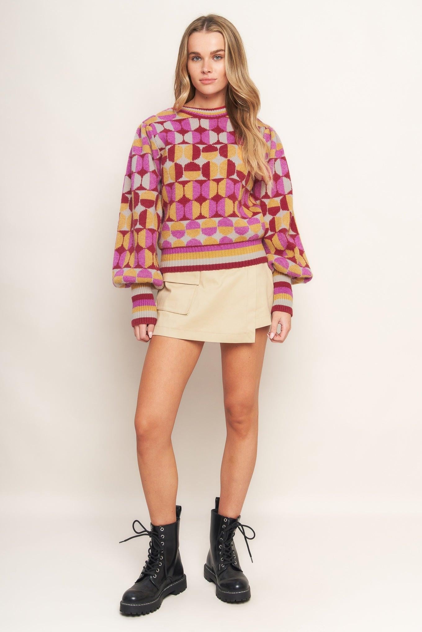 Cheer You on Jacquard Sweater Top in ivory burgundy, view 1 — Soul Flow Apparel