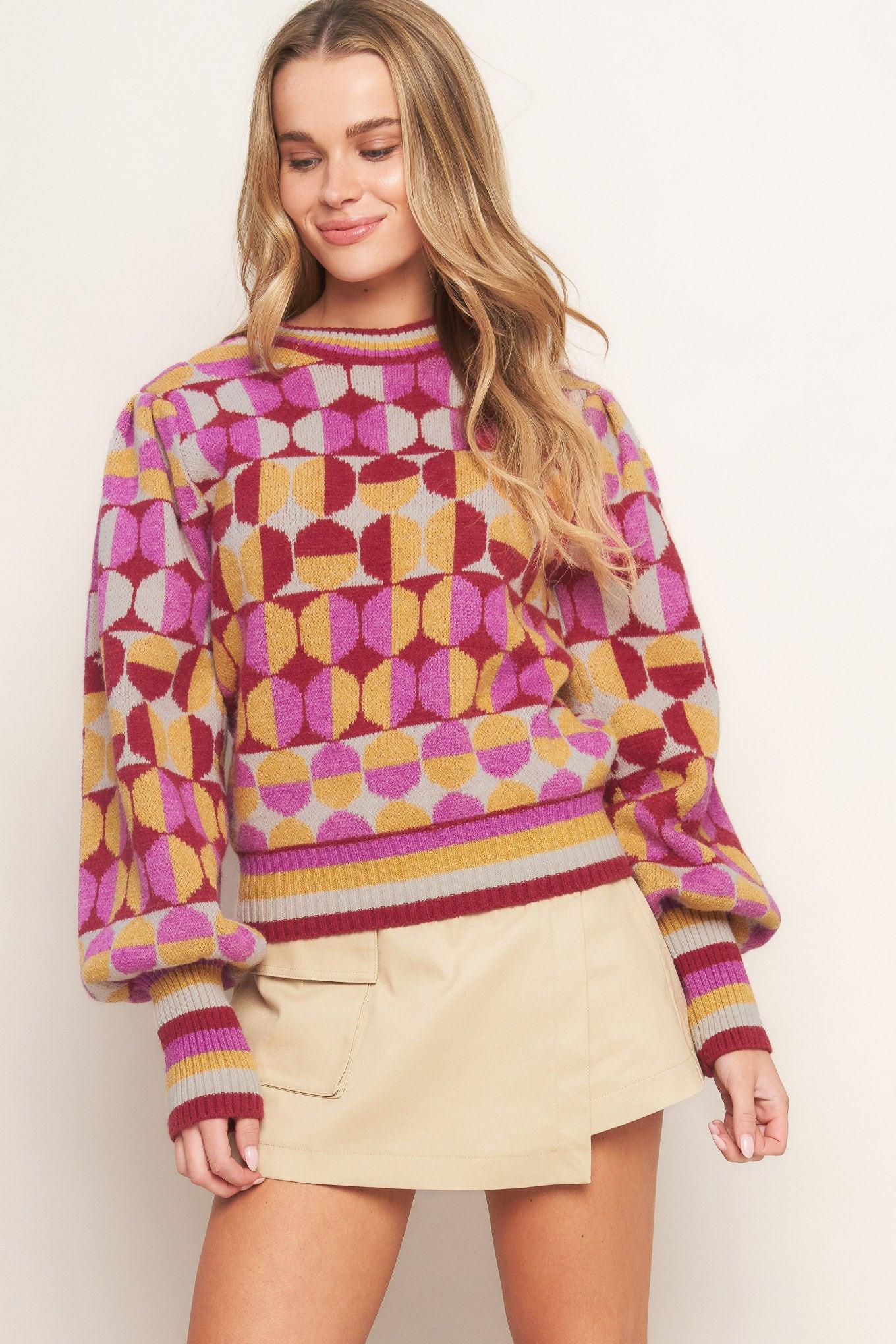 Cheer You on Jacquard Sweater Top in ivory burgundy, view 2 — Soul Flow Apparel