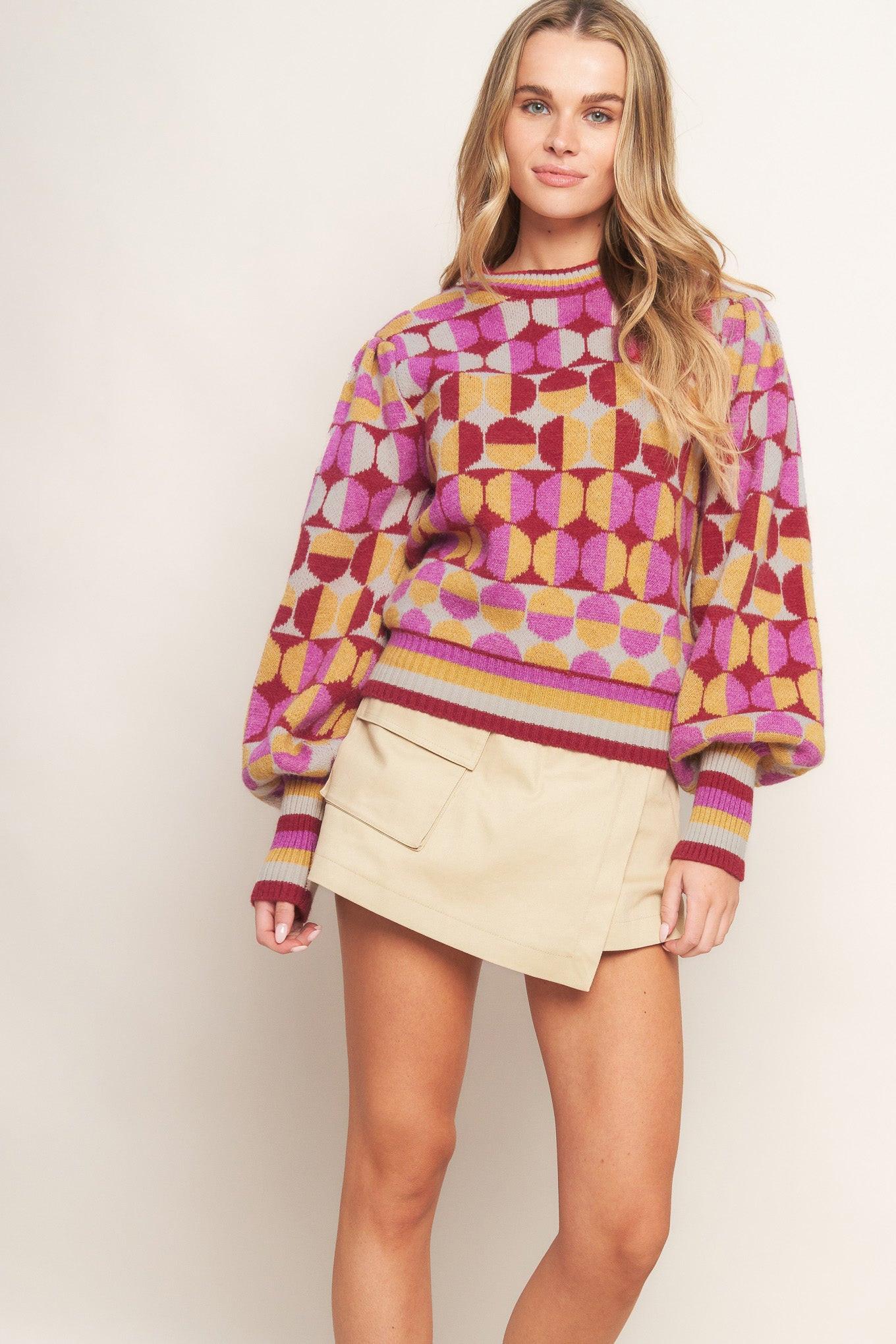 Cheer You on Jacquard Sweater Top in ivory burgundy, view 3 — Soul Flow Apparel