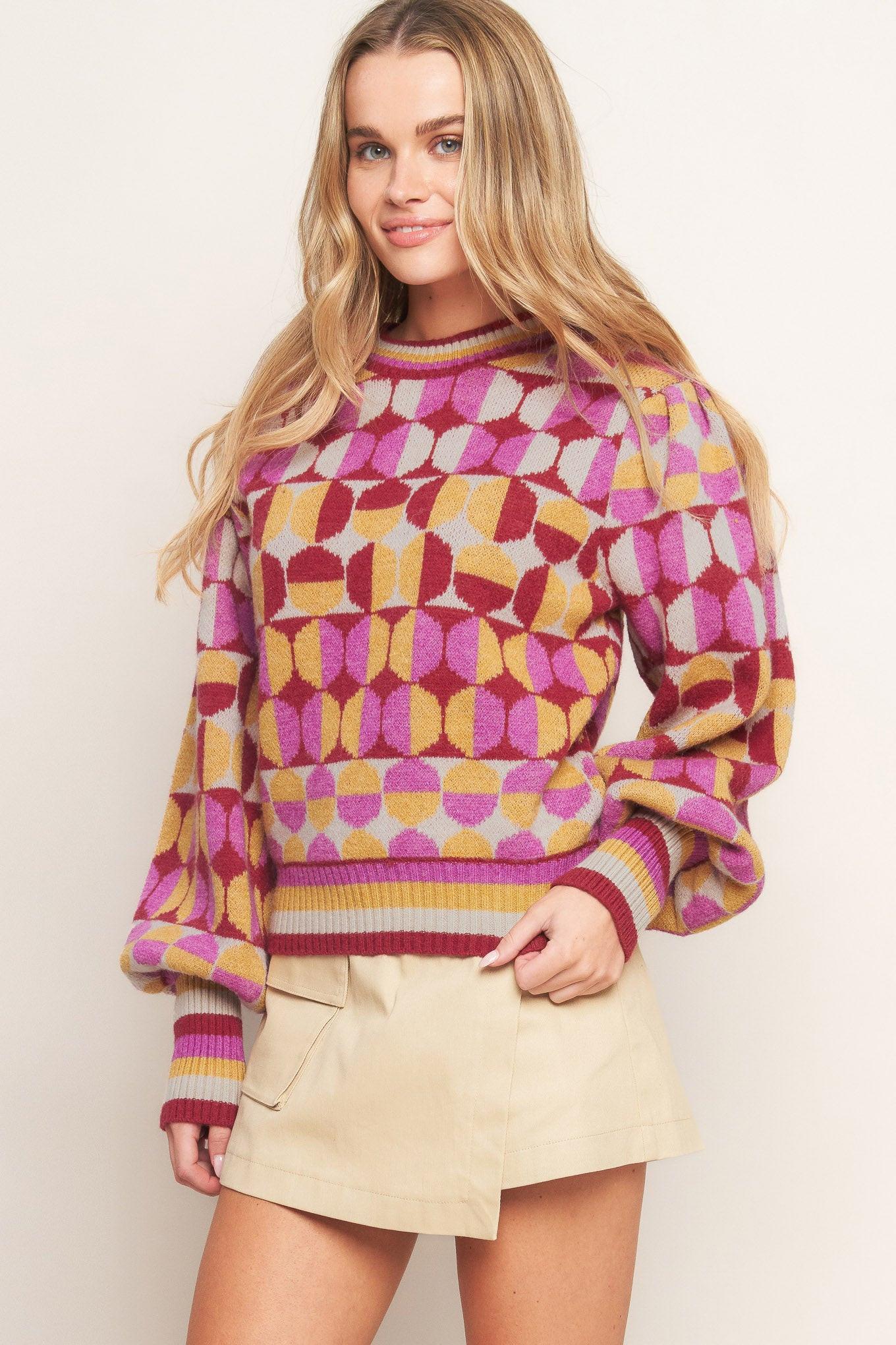 Cheer You on Jacquard Sweater Top in ivory burgundy, view 4 — Soul Flow Apparel