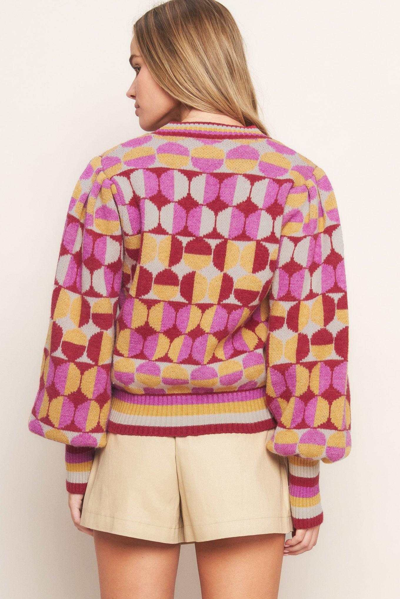 Cheer You on Jacquard Sweater Top in ivory burgundy, view 5 — Soul Flow Apparel