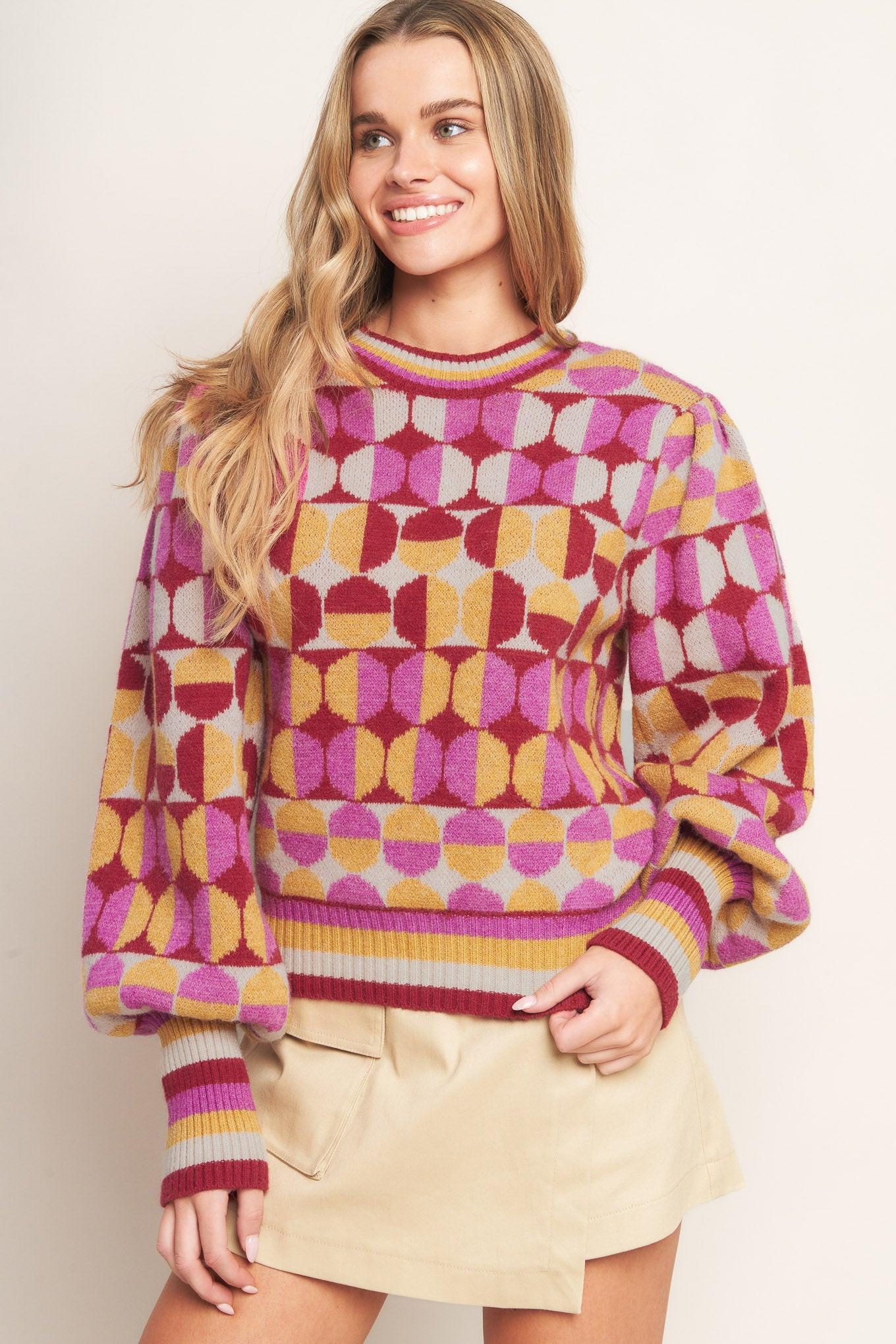 Cheer You on Jacquard Sweater Top in ivory burgundy, view 6 — Soul Flow Apparel