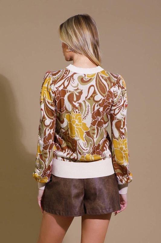 Keeping Tabs Jacquard Pullover Sweater Top in olive brown, view 2 — Soul Flow Apparel