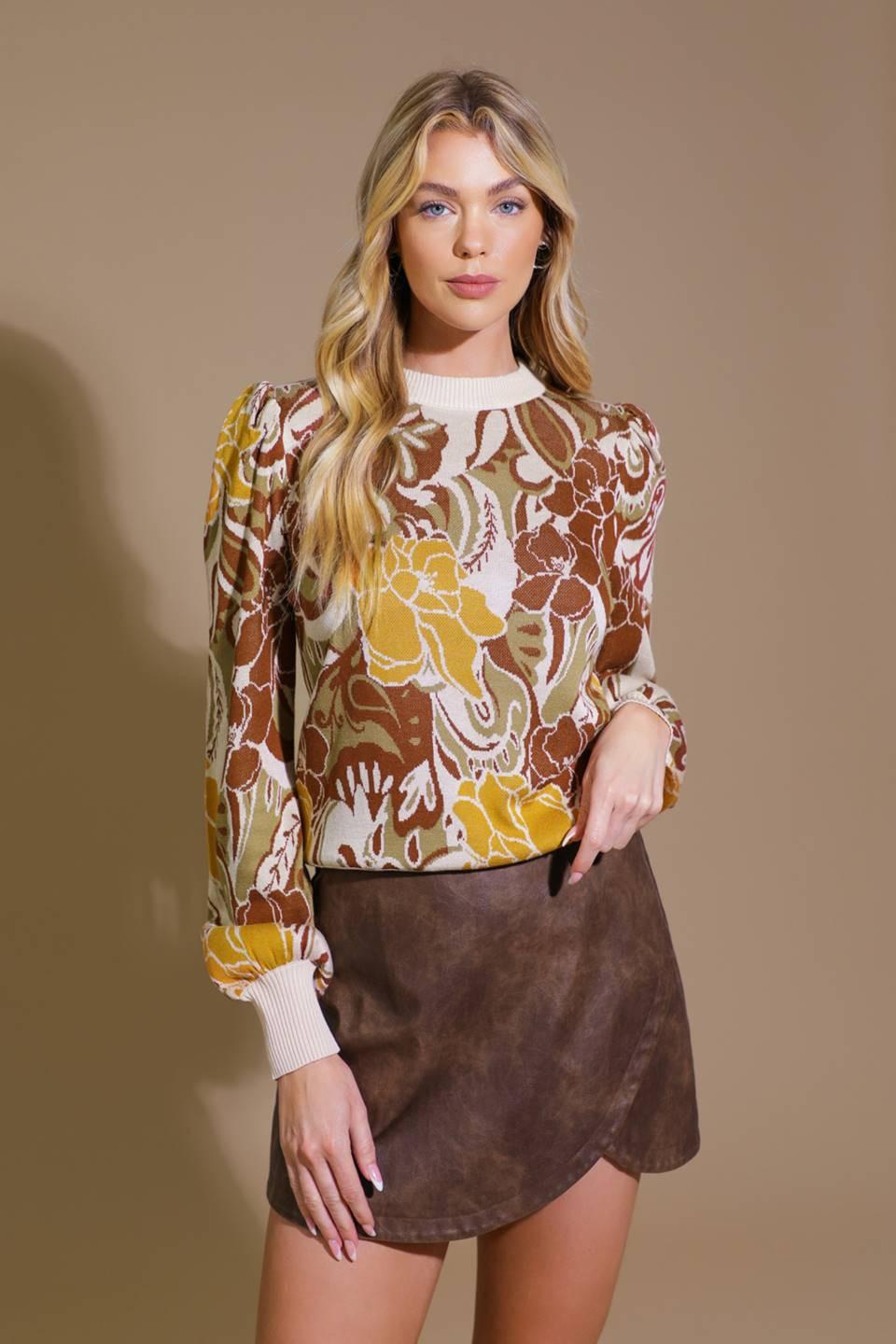 Keeping Tabs Jacquard Pullover Sweater Top in olive brown, view 4 — Soul Flow Apparel