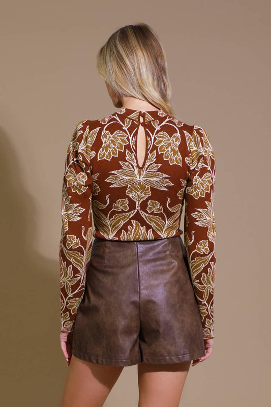 Warm Afternoons Jacquard Sweater Top in burgundy camel, view 2 — Soul Flow Apparel