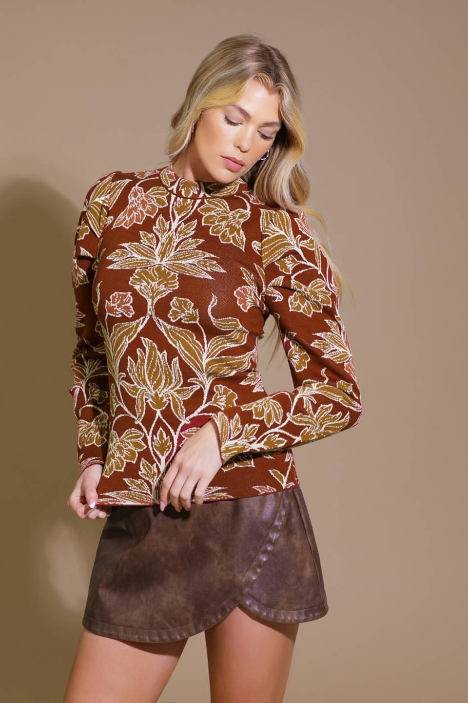 Warm Afternoons Jacquard Sweater Top in burgundy camel, view 7 — Soul Flow Apparel