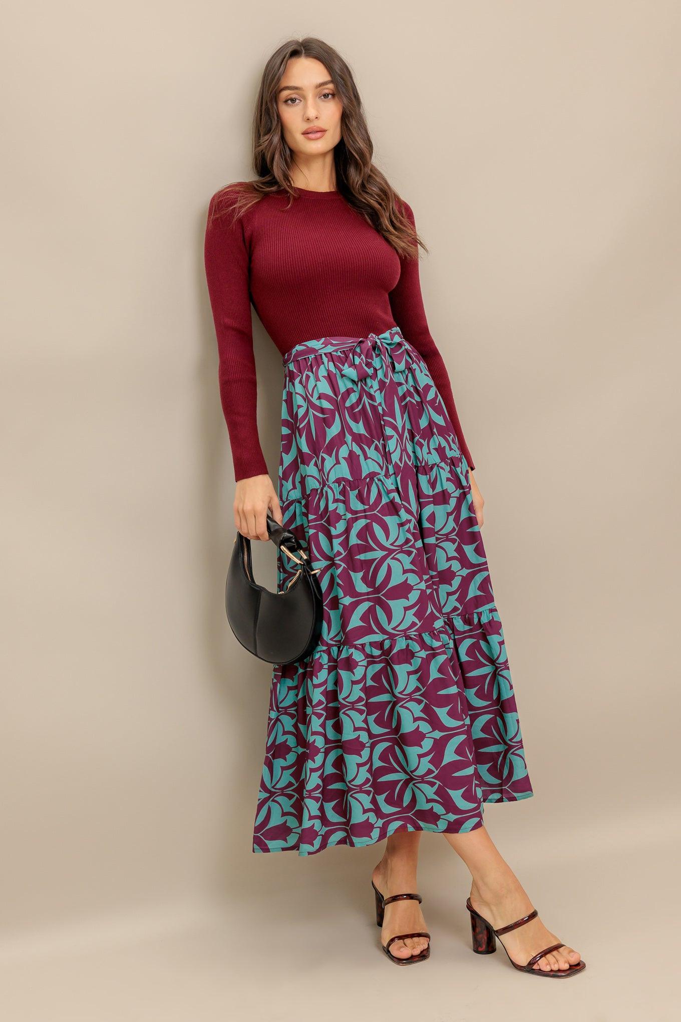 Sangria Bloom Woven Midi Dress in burgundy, view 1 — Soul Flow Apparel