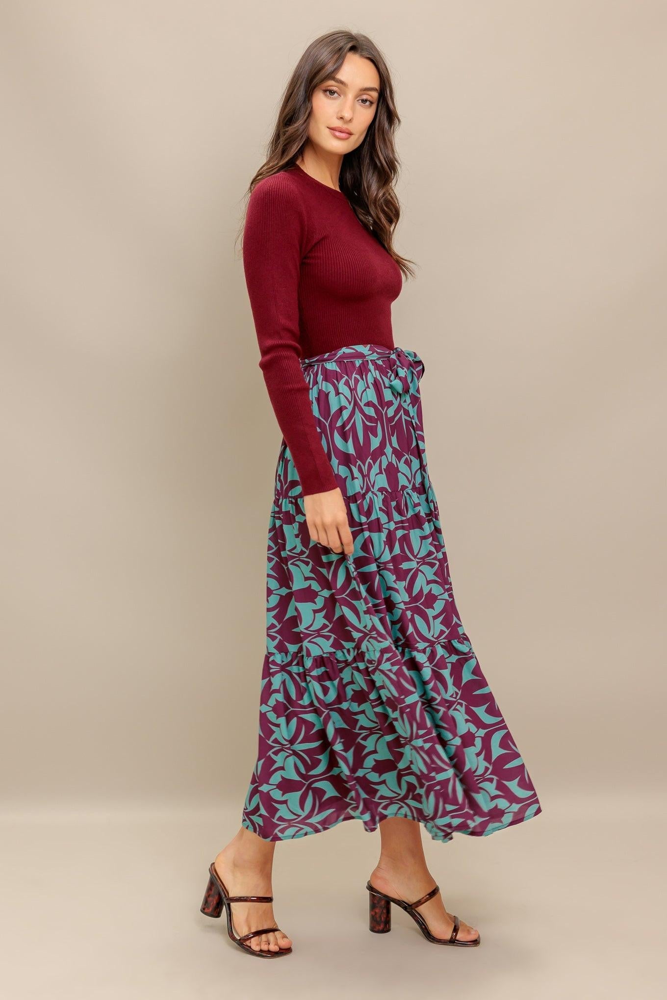 Sangria Bloom Woven Midi Dress in burgundy, view 3 — Soul Flow Apparel